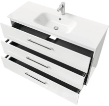 Badmöbel-Set Pelipal Sunline 121 BxHxT 121 x 200 x 46 cm Frontfarbe weiß hochglanz mit Mineralguss-Waschtisch Waschtischunterschrank 3 Schubkästen und Spiegelschrank mit LED-Beleuchtung