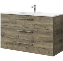 Badmöbel-Set Pelipal Sunline 121 BxHxT 121 x 200 x 46 cm Frontfarbe Eiche ribbeck mit Mineralguss-Waschtisch Waschtischunterschrank 3 Schubkästen und Spiegelschrank mit LED-Beleuchtung