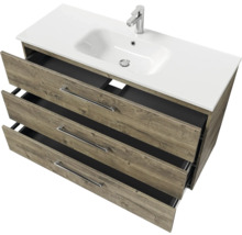 Badmöbel-Set Pelipal Sunline 121 BxHxT 121 x 200 x 46 cm Frontfarbe Eiche ribbeck mit Mineralguss-Waschtisch Waschtischunterschrank 3 Schubkästen und Spiegelschrank mit LED-Beleuchtung