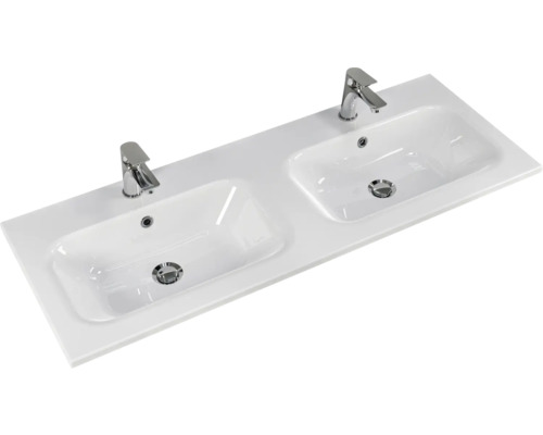 Waschtisch mit zwei Waschbecken und Armaturen