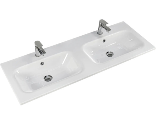 Keramikwaschtisch mit zwei Becken und Armaturen