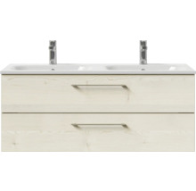Badmöbel-Set Pelipal Sunline 121 BxHxT 121 x 200 x 46 cm Frontfarbe Polar Pinie mit Mineralguss-Doppelwaschtisch Waschtischunterschrank und Spiegelschrank mit LED-Beleuchtung