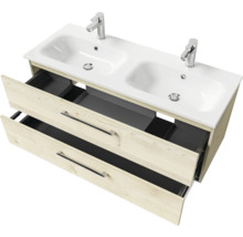 Waschtischunterschrank mit zwei Waschbecken und offenen Schubladen