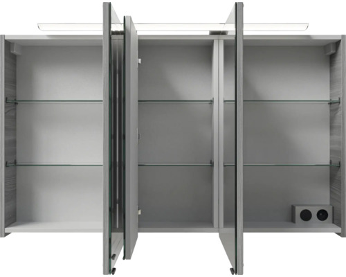 Offener Spiegelschrank mit Glasböden und Beleuchtung