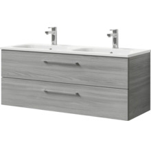 Badmöbel-Set Pelipal Sunline 121 BxHxT 121 x 200 x 46 cm Frontfarbe sangallo grau mit Mineralguss-Doppelwaschtisch Waschtischunterschrank und Spiegelschrank mit LED-Beleuchtung