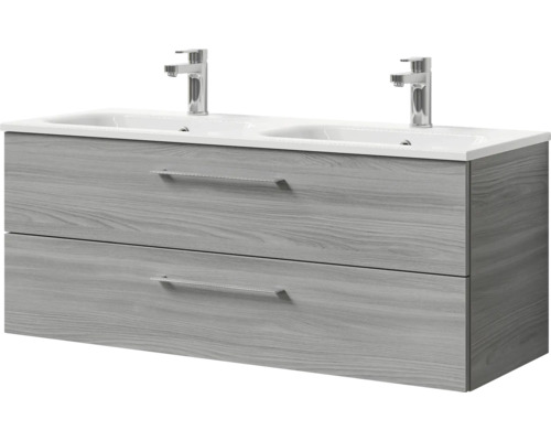 Waschtischunterschrank mit zwei Waschbecken und zwei Schubladen im Holzdekor