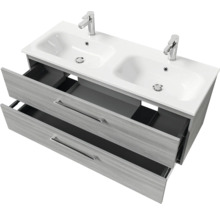 Badmöbel-Set Pelipal Sunline 121 BxHxT 121 x 200 x 46 cm Frontfarbe sangallo grau mit Mineralguss-Doppelwaschtisch Waschtischunterschrank und Spiegelschrank mit LED-Beleuchtung