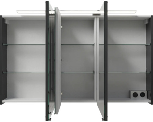 Offener Spiegelschrank mit Glasablagen und Beleuchtung