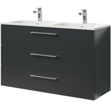 Badmöbel-Set Pelipal Sunline 121 BxHxT 121 x 200 x 46 cm Frontfarbe anthrazit mit Mineralguss-Doppelwaschtisch Waschtischunterschrank 3 Schubkästen und Spiegelschrank mit LED-Beleuchtung