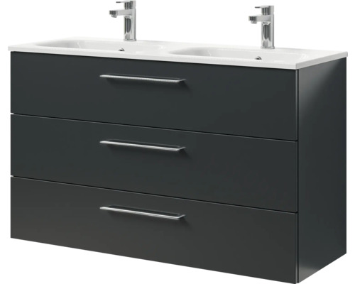 Waschtischunterschrank mit drei Schubladen, zwei Waschbecken und Armaturen