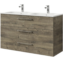 Badmöbel-Set Pelipal Sunline 121 BxHxT 121 x 200 x 46 cm Frontfarbe Eiche ribbeck mit Mineralguss-Doppelwaschtisch Waschtischunterschrank 3 Schubkästen und Spiegelschrank mit LED-Beleuchtung