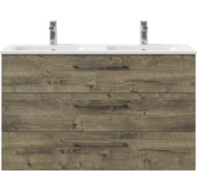 Badmöbel-Set Pelipal Sunline 121 BxHxT 121 x 200 x 46 cm Frontfarbe Eiche ribbeck mit Mineralguss-Doppelwaschtisch Waschtischunterschrank 3 Schubkästen und Spiegelschrank mit LED-Beleuchtung