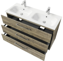 Badmöbel-Set Pelipal Sunline 121 BxHxT 121 x 200 x 46 cm Frontfarbe Eiche ribbeck mit Mineralguss-Doppelwaschtisch Waschtischunterschrank 3 Schubkästen und Spiegelschrank mit LED-Beleuchtung