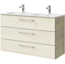 Badmöbel-Set Pelipal Sunline 121 BxHxT 121 x 200 x 46 cm Frontfarbe Polar Pinie mit Mineralguss-Doppelwaschtisch Waschtischunterschrank 3 Schubkästen und Spiegelschrank mit LED-Beleuchtung