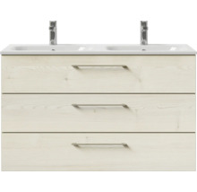 Badmöbel-Set Pelipal Sunline 121 BxHxT 121 x 200 x 46 cm Frontfarbe Polar Pinie mit Mineralguss-Doppelwaschtisch Waschtischunterschrank 3 Schubkästen und Spiegelschrank mit LED-Beleuchtung