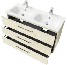 Badmöbel-Set Pelipal Sunline 121 BxHxT 121 x 200 x 46 cm Frontfarbe Polar Pinie mit Mineralguss-Doppelwaschtisch Waschtischunterschrank 3 Schubkästen und Spiegelschrank mit LED-Beleuchtung