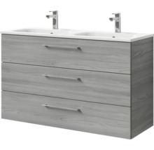 Badmöbel-Set Pelipal Sunline 121 BxHxT 121 x 200 x 46 cm Frontfarbe sangallo grau mit Mineralguss-Doppelwaschtisch Waschtischunterschrank 3 Schubkästen und Spiegelschrank mit LED-Beleuchtung