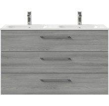 Badmöbel-Set Pelipal Sunline 121 BxHxT 121 x 200 x 46 cm Frontfarbe sangallo grau mit Mineralguss-Doppelwaschtisch Waschtischunterschrank 3 Schubkästen und Spiegelschrank mit LED-Beleuchtung