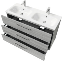 Badmöbel-Set Pelipal Sunline 121 BxHxT 121 x 200 x 46 cm Frontfarbe sangallo grau mit Mineralguss-Doppelwaschtisch Waschtischunterschrank 3 Schubkästen und Spiegelschrank mit LED-Beleuchtung