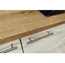 Küchenarbeitsplatte aus Holz mit Schubladen und Griffen