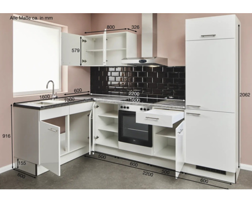 Cuisine équipée avec évier, cuisinière, hotte aspirante et dimensions