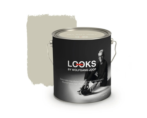 Peinture murale LOOKS by Wolfgang Joop Seasalt Grey 2,5 l Pot de peinture Looks by Wolfgang Joop Sea Salt Grey avec une tache de peinture