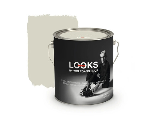 Peinture murale LOOKS by Wolfgang Joop Paper White 2,5 l Pot de peinture avec l''inscription Looks by Wolfgang Joop et une tache de couleur