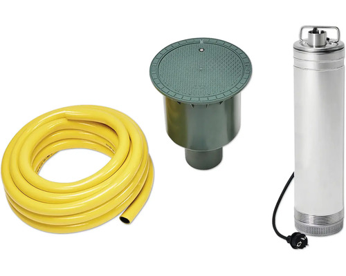 Tiefbrunnenpumpe, Erdschacht und Schlauch für die Gartenbewässerung