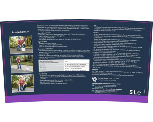 Informationstafel mit Anweisungen und Tipps zur Anwendung von Pflaster Frisch 5 Liter.