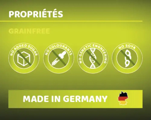 Symbole sans sucre ajouté, symbole sans colorants, symbole sans génie génétique, symbole sans soja, fabriqué en Allemagne