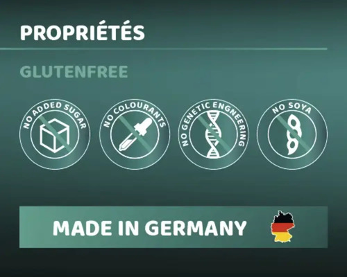 Sans gluten, sans sucre ajouté, sans colorants, sans génie génétique, sans soja, fabriqué en Allemagne