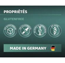 Propriétés: sans gluten, sans sucre ajouté, sans colorants, sans manipulation génétique, sans soja, fabriqué en Allemagne