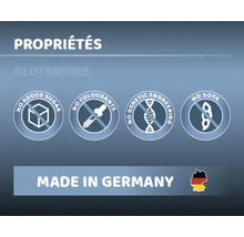 Ne contient pas de sucre ajouté, pas de colorants, pas de génie génétique, pas de soja, fabriqué en Allemagne