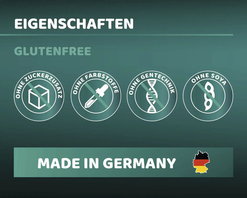 Eigenschaften: glutenfrei, ohne Zuckerzusatz, ohne Farbstoffe, ohne Gentechnik, ohne Soja, hergestellt in Deutschland