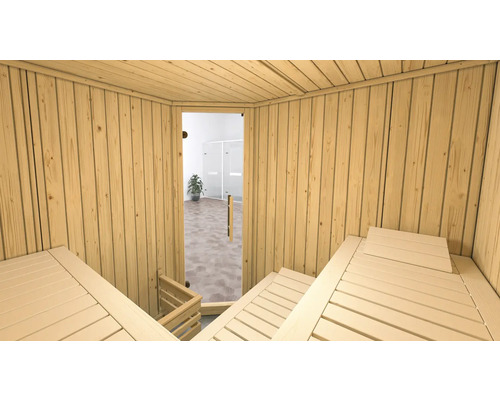 Vue intérieure d''un sauna avec des murs en bois et des bancs en bois