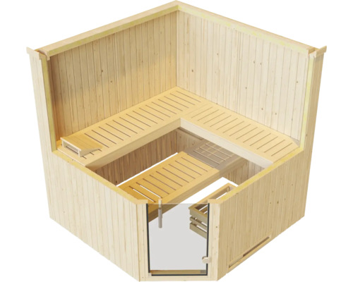 Sauna aus Holz mit Sitzelementen und Glastür
