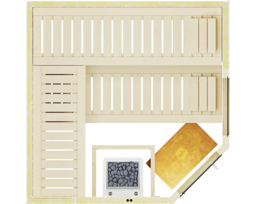 Vue de dessus d''un sauna avec bancs, poêle et accessoires