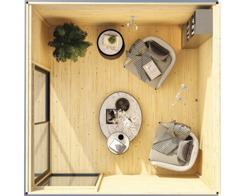 Vue intérieure d''une maison en bois avec deux fauteuils et des tables