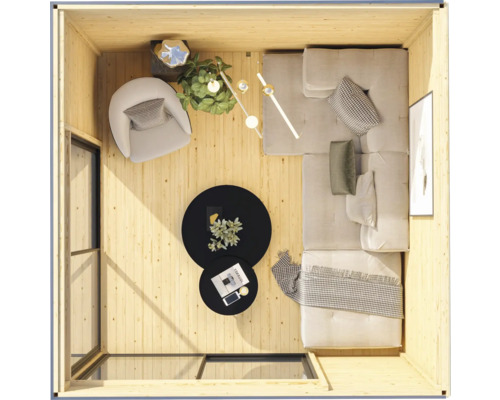 Vue intérieure d''un abri de jardin avec coin salon, table et décoration vue de dessus
