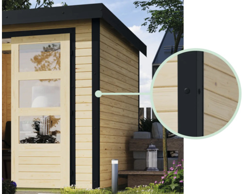 Vue détaillée d''une cabane de jardin avec porte-fenêtre et cercle de mise en évidence