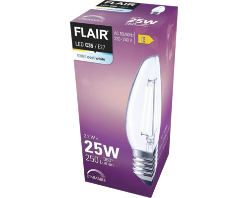 Emballage d''une ampoule LED Flair C35 à intensité variable avec culot E27, 4000 Kelvin, blanc froid