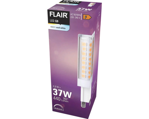Verpackung einer dimmbaren Flair LED G9 Lampe mit 4,9 Watt Leistung und 440 Lumen Lichtstrom
