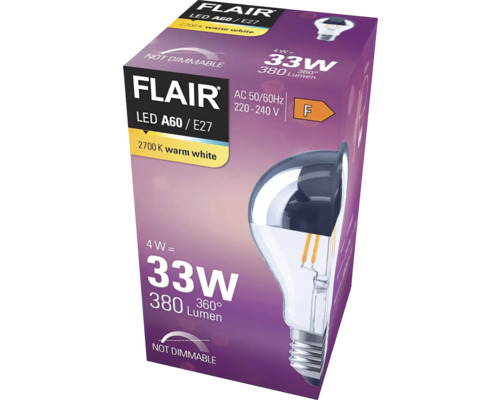 Verpackung einer nicht dimmbaren Flair LED Lampe A60 E27 mit 4 Watt und 380 Lumen