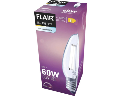 Emballage d''une lampe LED Flair C35 E27 à intensité variable avec une lumière blanche froide de 4000 Kelvin