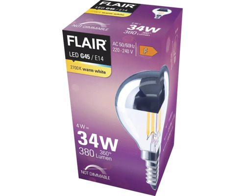 Emballage d''une lampe LED Flair G45 E14 non dimmable de 4 watts et 380 lumens