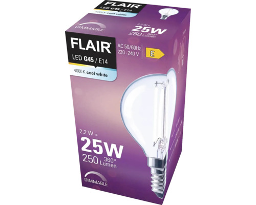 Ampoule FLAIR LED G45 E14, dimmable, 4000 Kelvin, blanc froid
