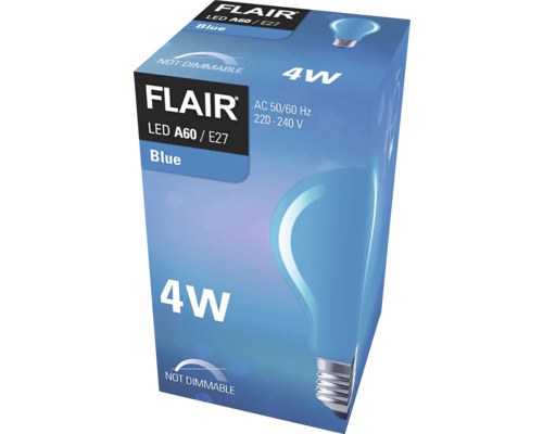 Emballage d''une ampoule LED Flair A60 E27 bleue de 4 watts, non dimmable