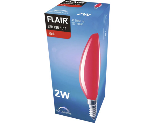 Verpackung einer roten Flair LED C35 E14 2 Watt Lampe