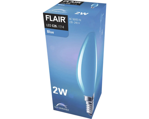 Verpackung einer nicht dimmbaren blauen Flair LED C35 / E14 Glühbirne mit 2 Watt