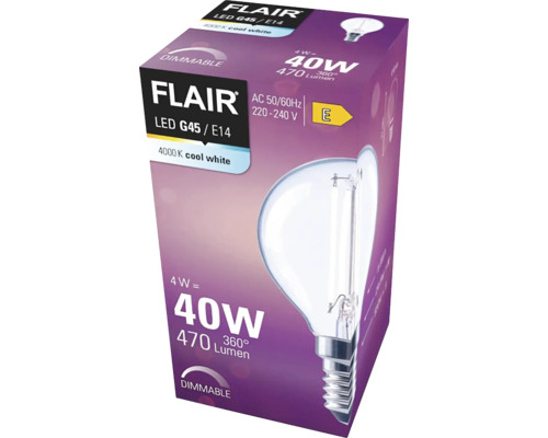 Verpackung einer dimmbaren Flair LED Lampe G45 E14 mit 4 Watt Leistung